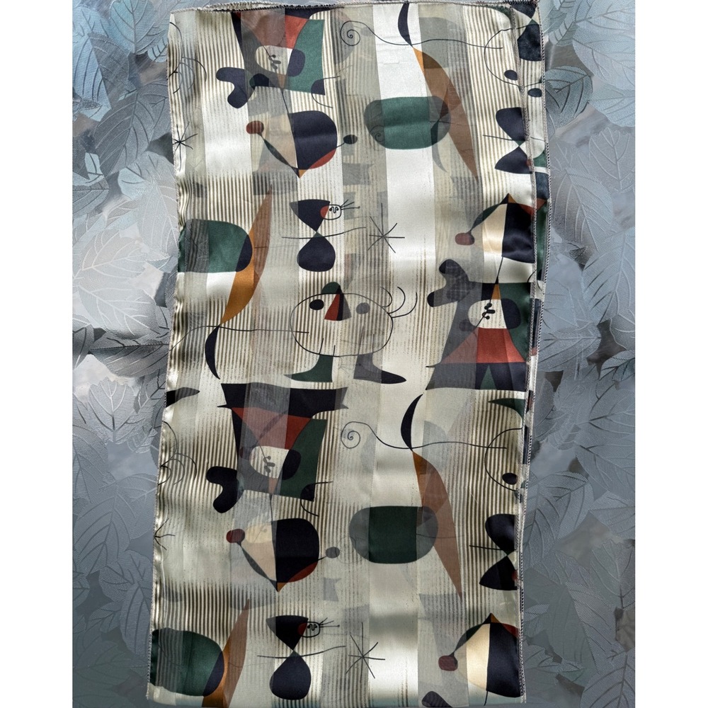 Vintage MCM Joan Miro Style Abstract Satin Scarf 14x52 Modernist Art